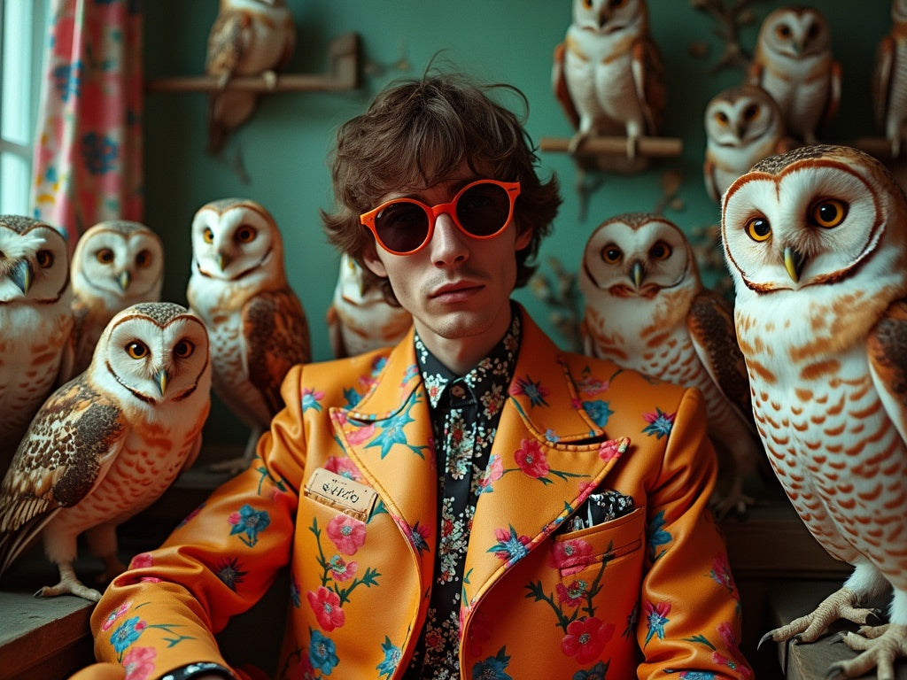 man wearing brighlty coloured clothing from Sostter ethical brands marketplace surrounded be owls
