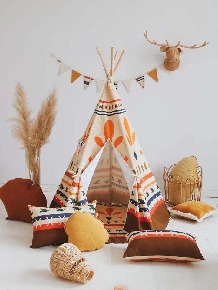 elegant cotton teepee tent with bold geometric prints, pine poles, and refined tribal-inspired design for indoor or outdoor play