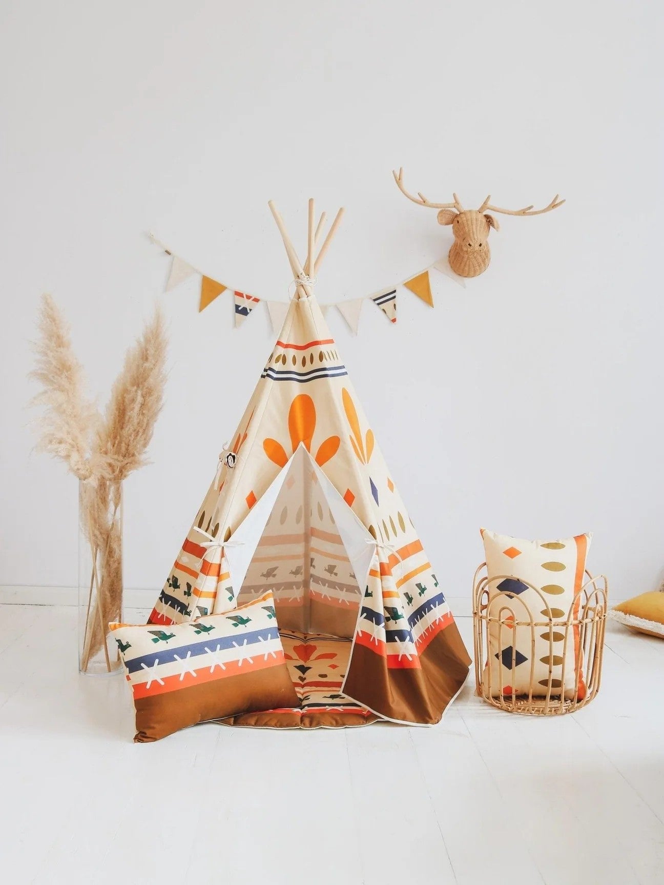 native vibe teepee tent with bold geometric prints, sturdy pine poles, and cotton fabric, ready for adventure