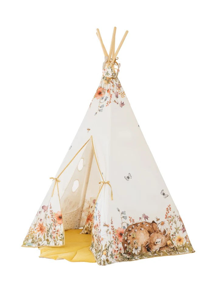 functional setup of the wildflowers teepee tent showing the pine pole frame and cotton fabric tunnels