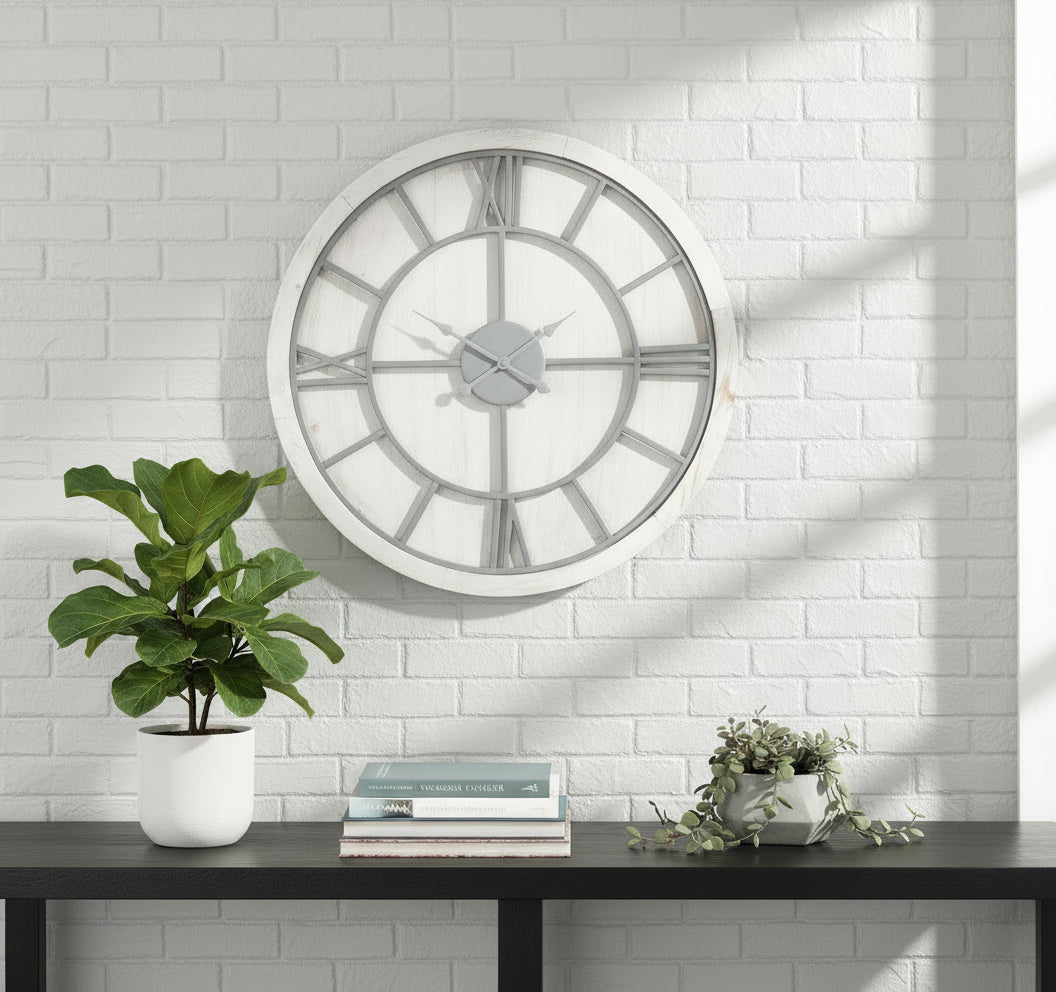 Large round wall clock with Roman numeral markers Brix + Bailey