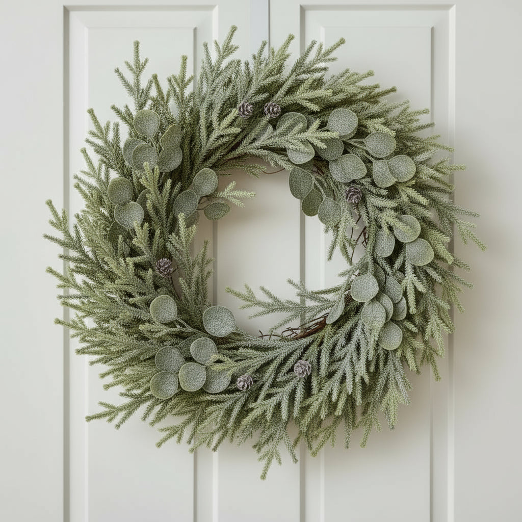 a soft, comforting close-up of the frosted pine and eucalyptus wreath in gentle morning light brix and bailey