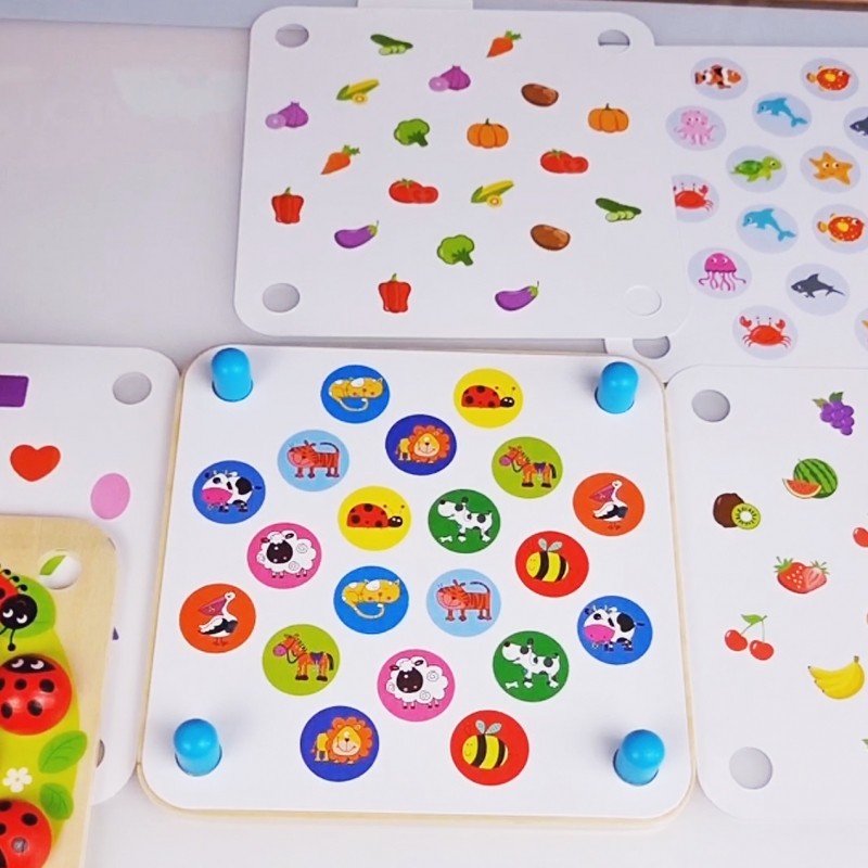 close-up of artisan-crafted ladybug memory puzzle cards on a wooden surface, showcasing fine details and non-toxic paint
