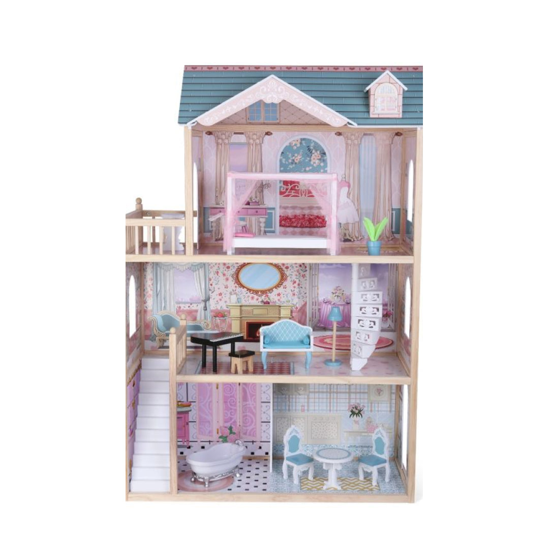 softly lit three-story wooden dollhouse with a cozy glowing balcony at dusk