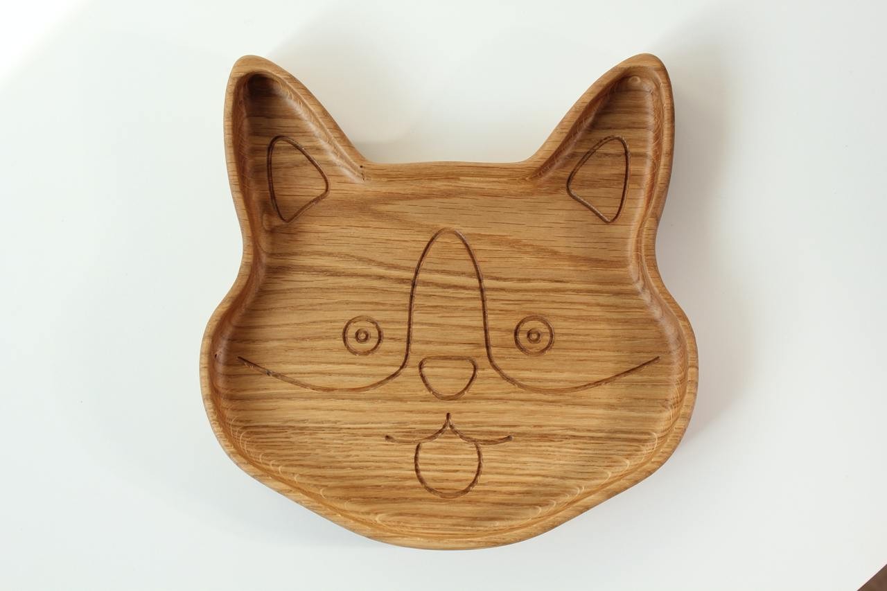 elegant handmade wooden corgi plate for kids, polished oak with smooth finish, gift-ready on neutral linen