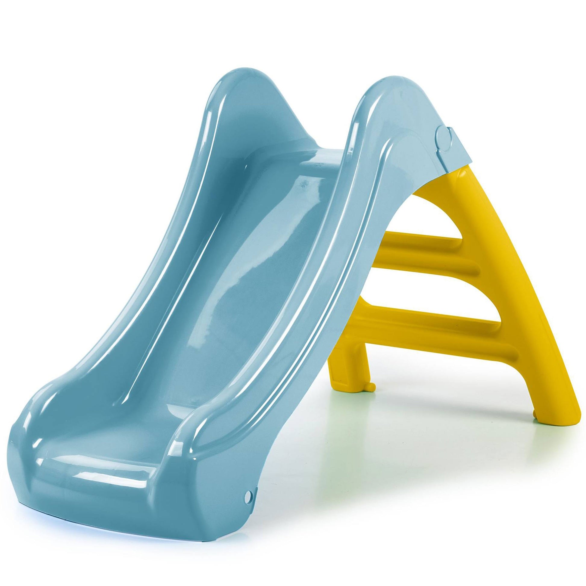 a toddler splashing down a vibrant blue water slide in the bright summer sun