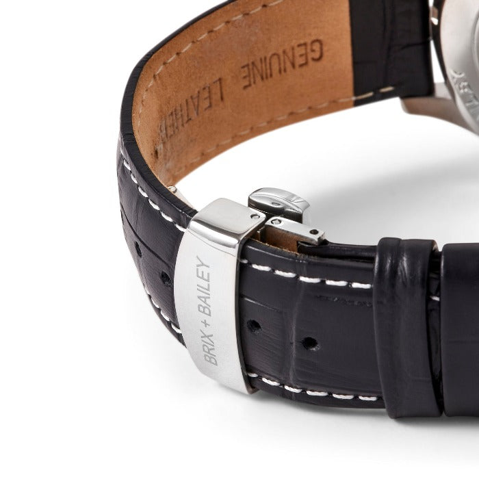 Mens Unisex Luxury Black Barker Watch Leather Strap Wrist Watch Brix and Bailey