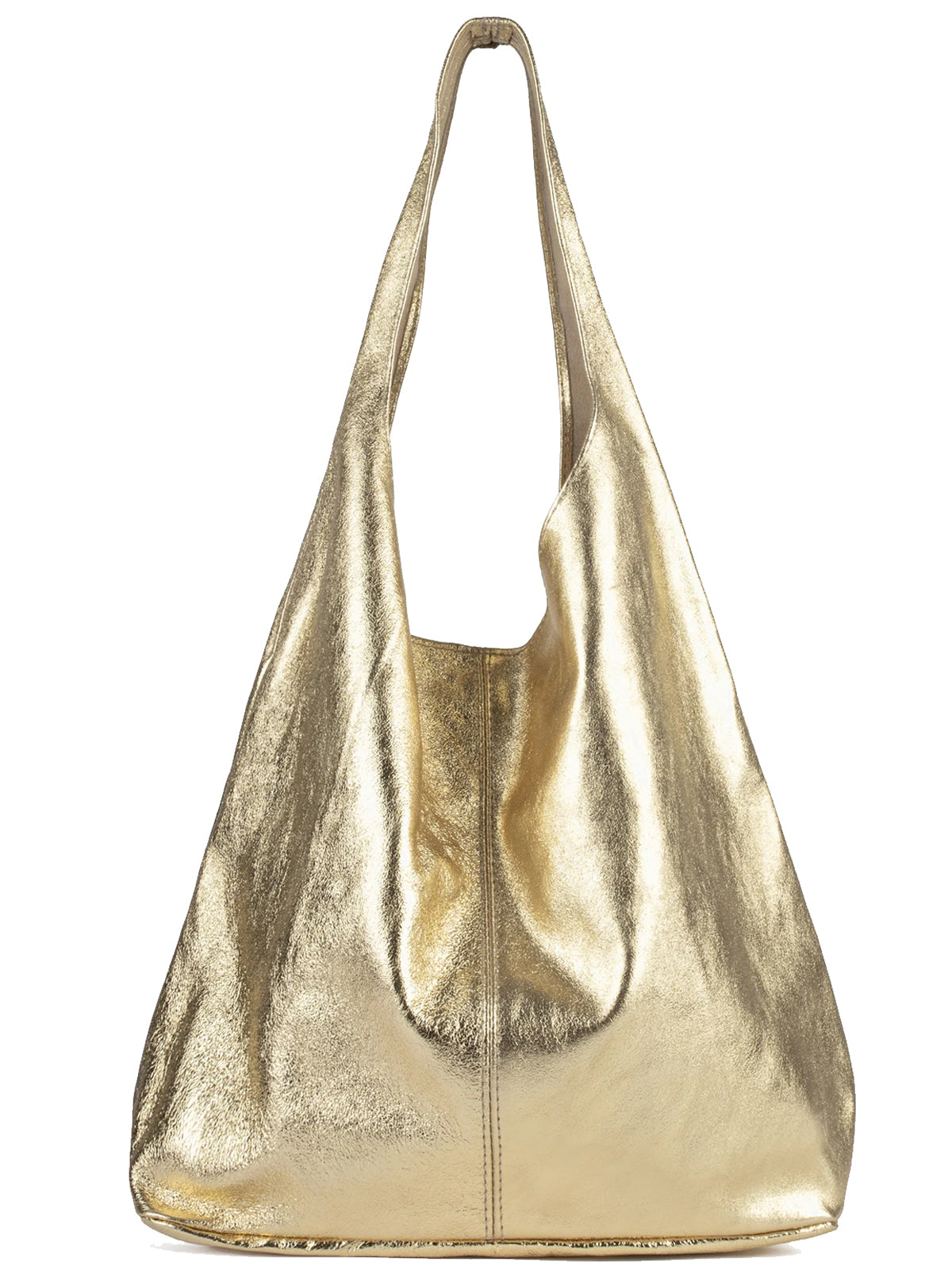 Gold Metallic Leather Hobo Shoulder Bag with Zipper Pocket