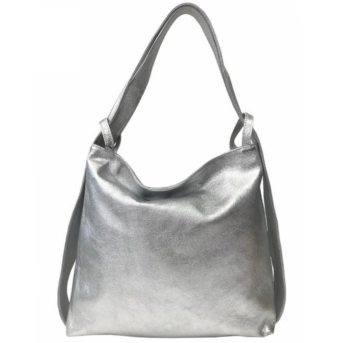 Silver Metallic Leather Convertible Tote Backpack – Chic & Versatile by Sostter at brixbailey.com