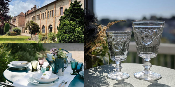 Collage of a country house and garden, an outdoor table set with green glassware and tableware, and a pair of ornate cut-glass goblets in sunlight.