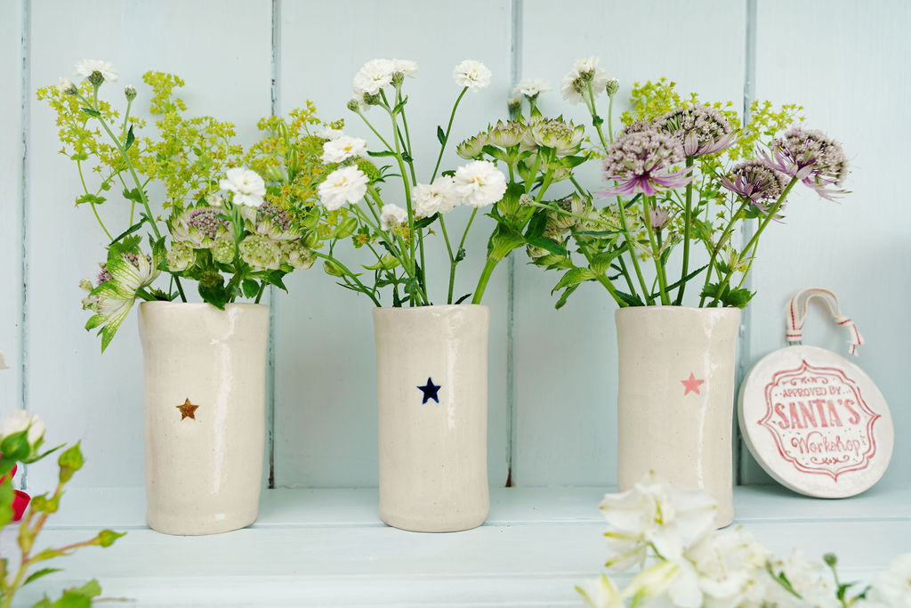 Sea Bramble Ceramics handmade coastal pottery by Lesley - scalloped soap dishes planters tealight holders and mugs in sage green pink and pale blue at Sostter