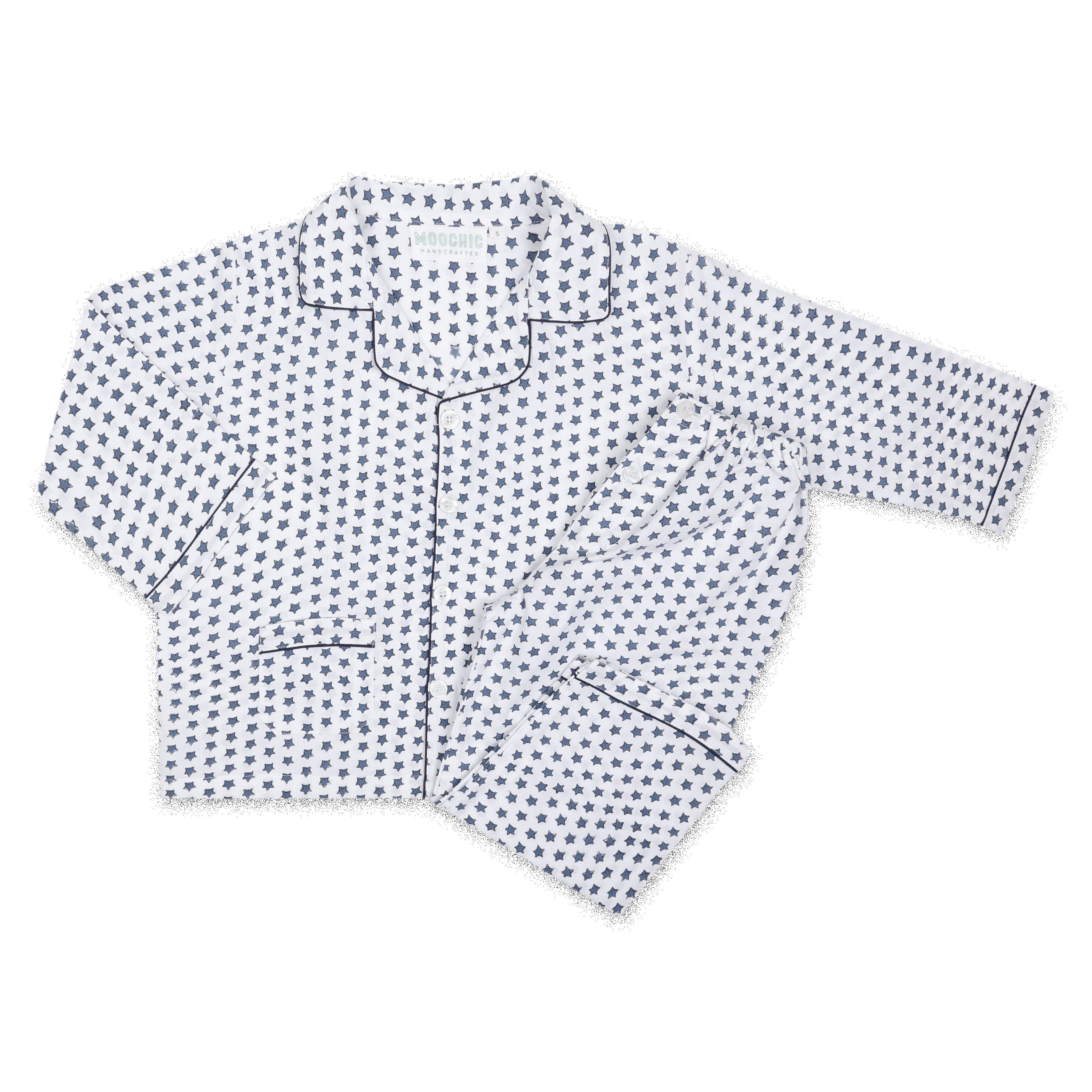 British brand Moochic Kids handprinted cotton pyjamas in colourful block print design at Sostter