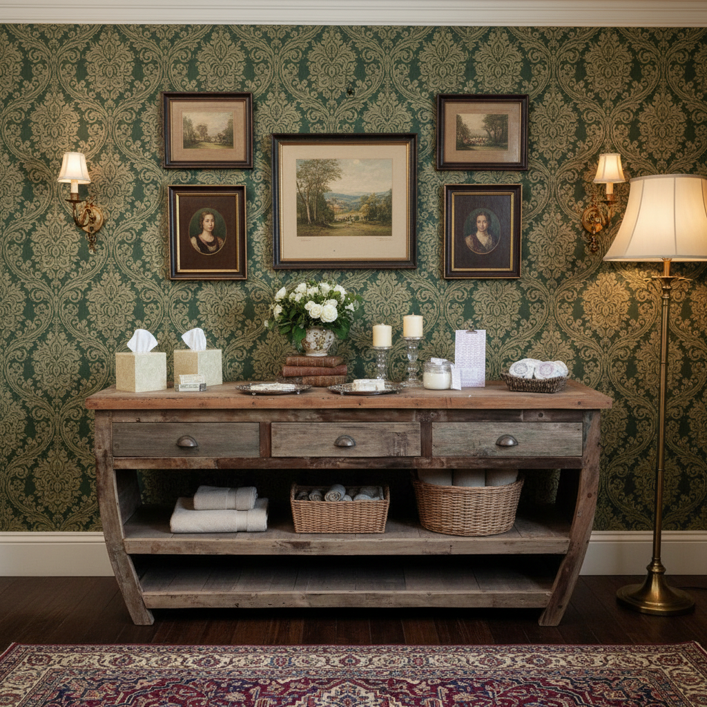 Wooden console table with decorative items against a patterned wall.