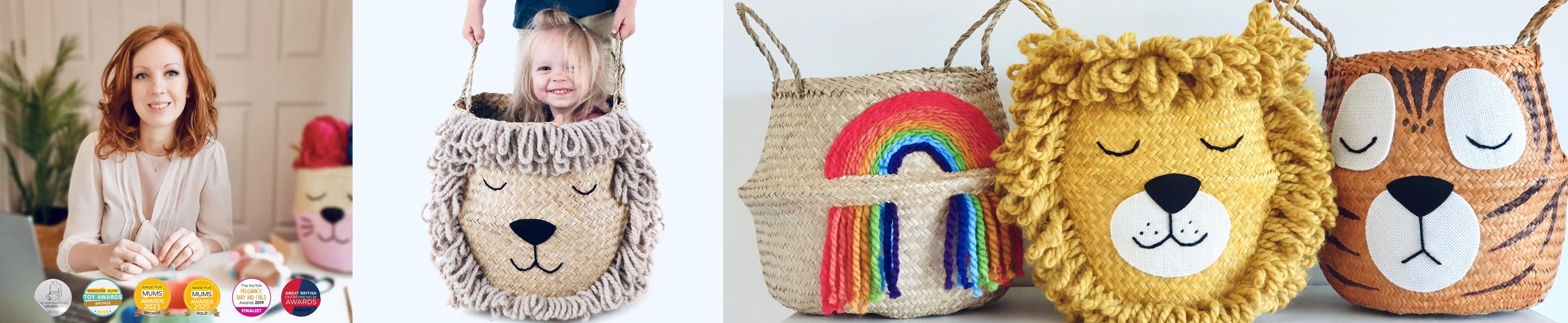 Bellybambino handmade seagrass belly baskets with hand-embroidered animal designs for nursery toy storage - Gold Made for Mums award-winning independent brand at Sostter