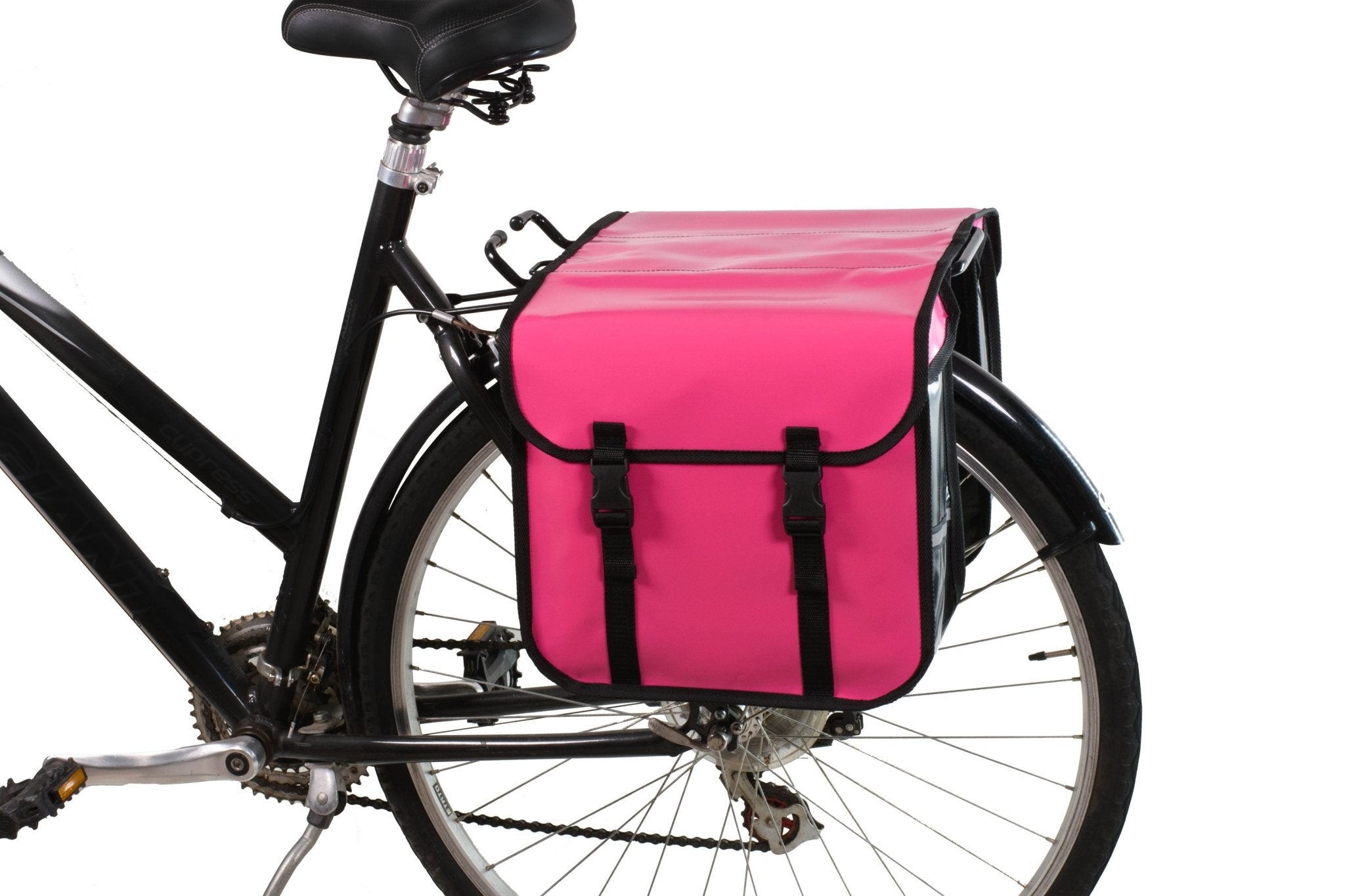 Colourful BikyBag bike pannier set in bright print, waterproof tarpaulin material, mounted on a commuter bicycle. at Sostter