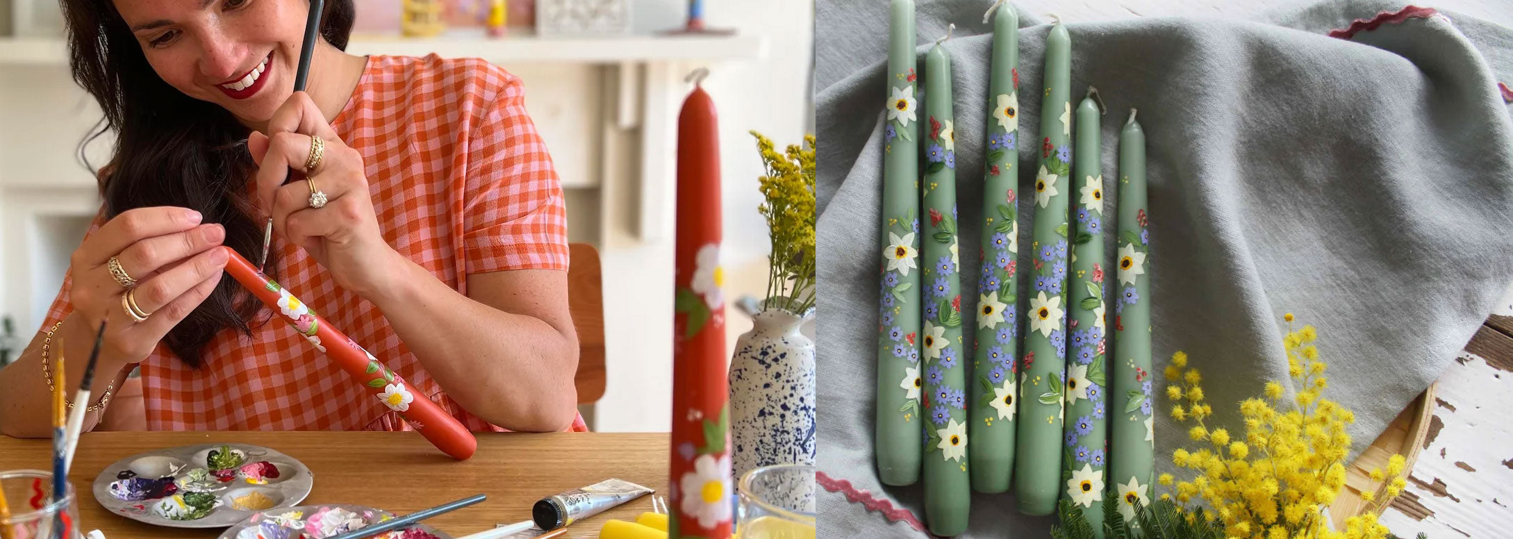 Cocolulu hand-painted candles embroidered pieces and painted glassware designed in London by independent maker Louise at Sostter