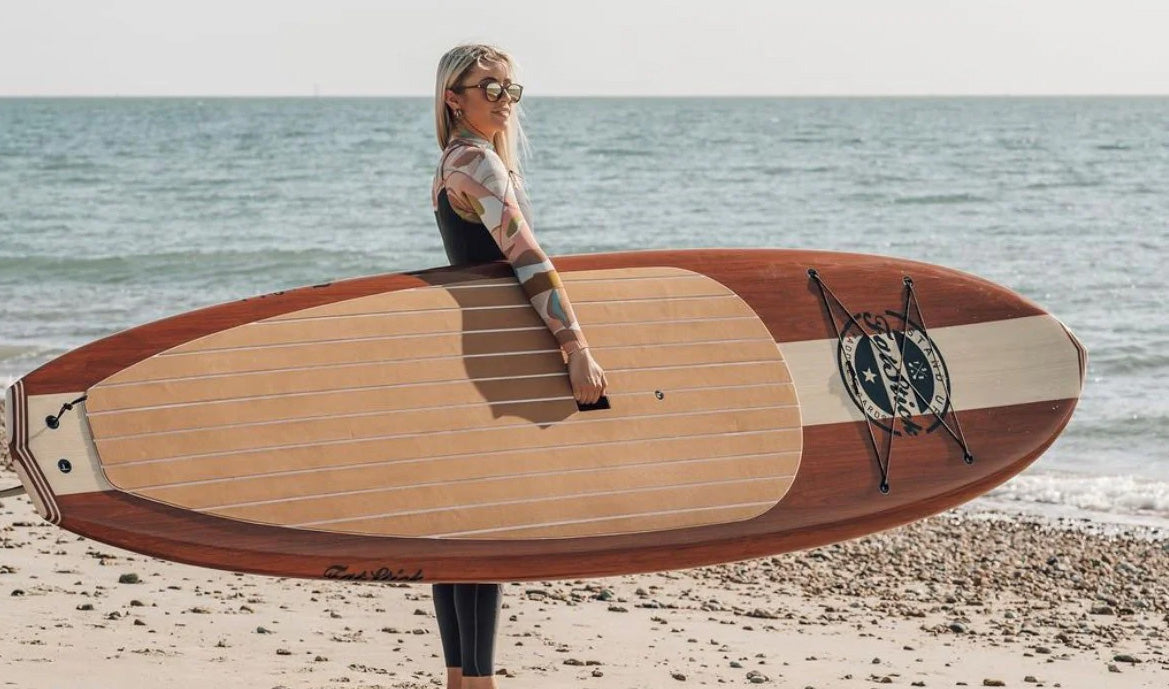 FatStick Boards inflatable SUP paddle board on calm water — British watersports brand from Bournemouth founded 2012 | Sostter