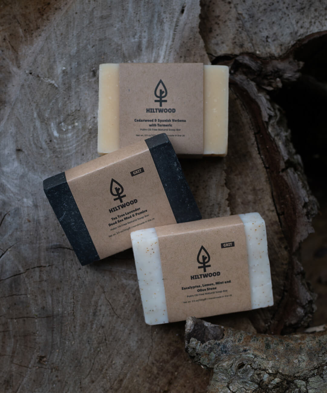 Hiltwood handmade British men's natural soap bars - cold-process, palm-oil free, cedarwood, Spanish verbena and turmeric scents made in small UK batches at Sostter