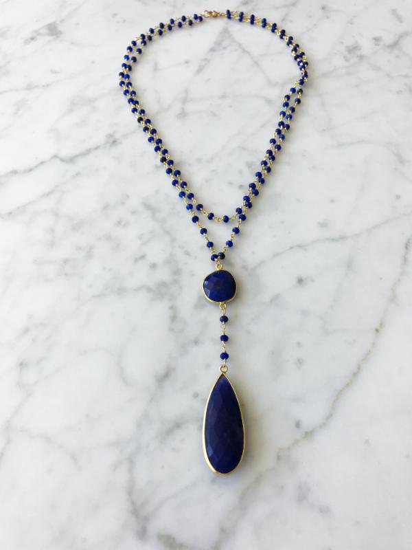 Double Sapphire Beaded Necklace with Teardrop Drop