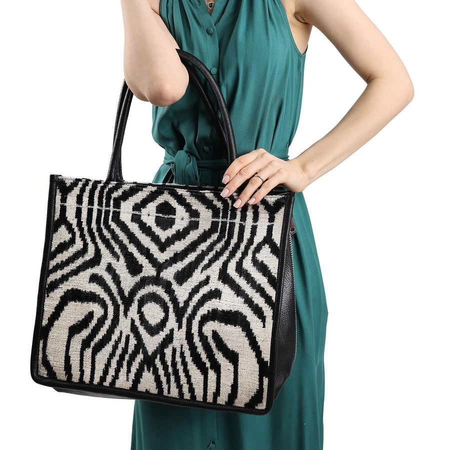 Adeline Zebra Pattern Silk & Leather Tote Bag – Spacious & Luxurious by Jkel at www.brixbailey.com