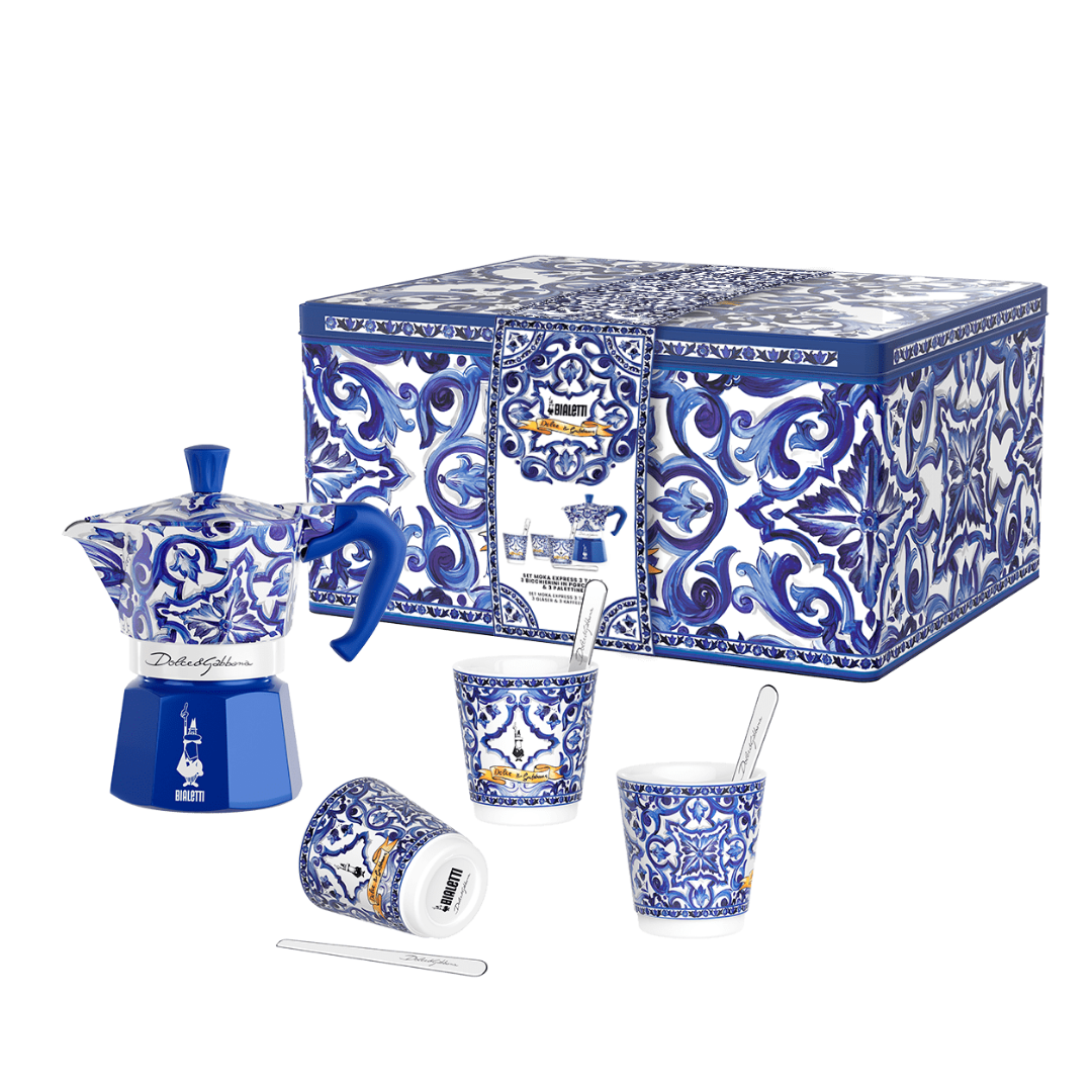 Bialetti X Dolce&Gabbana Blue Mediterranean Gift Set (3 cup Moka and Stirrer set)