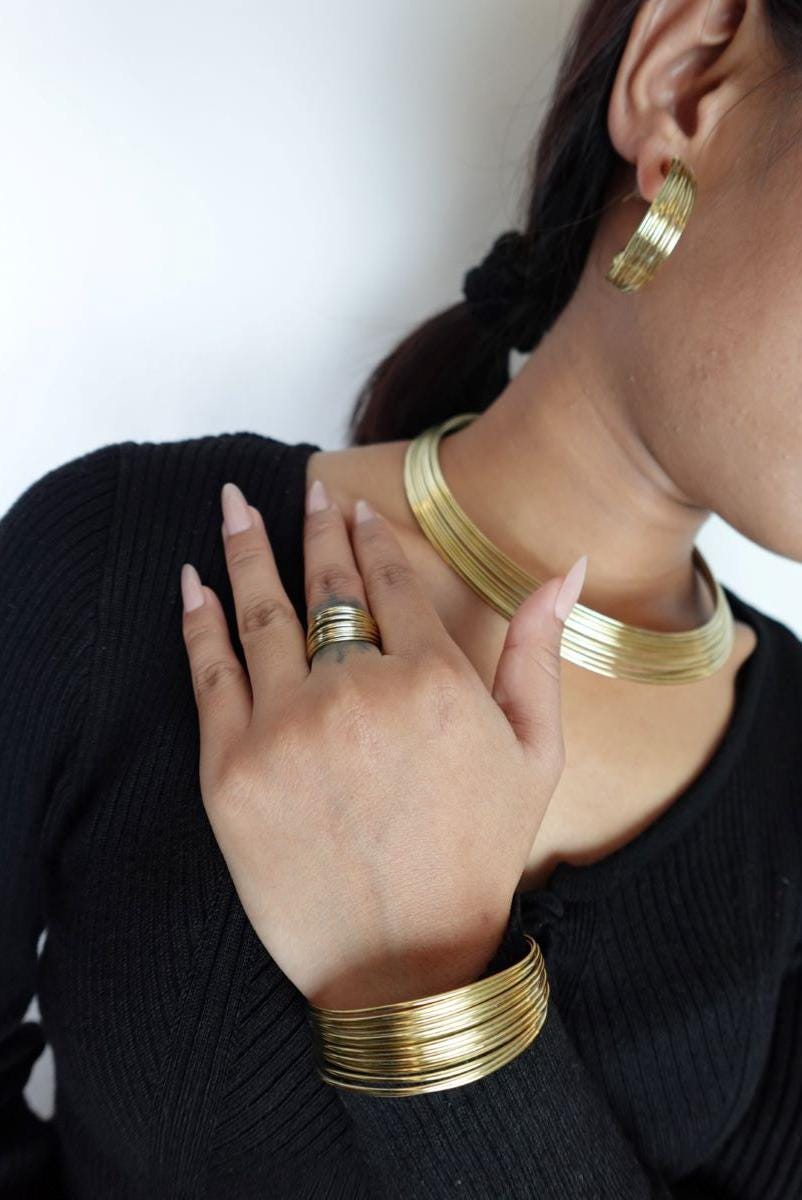 4 Piece Brass / Sliver Set. Necklace, Bangle, Ring, Earrings.