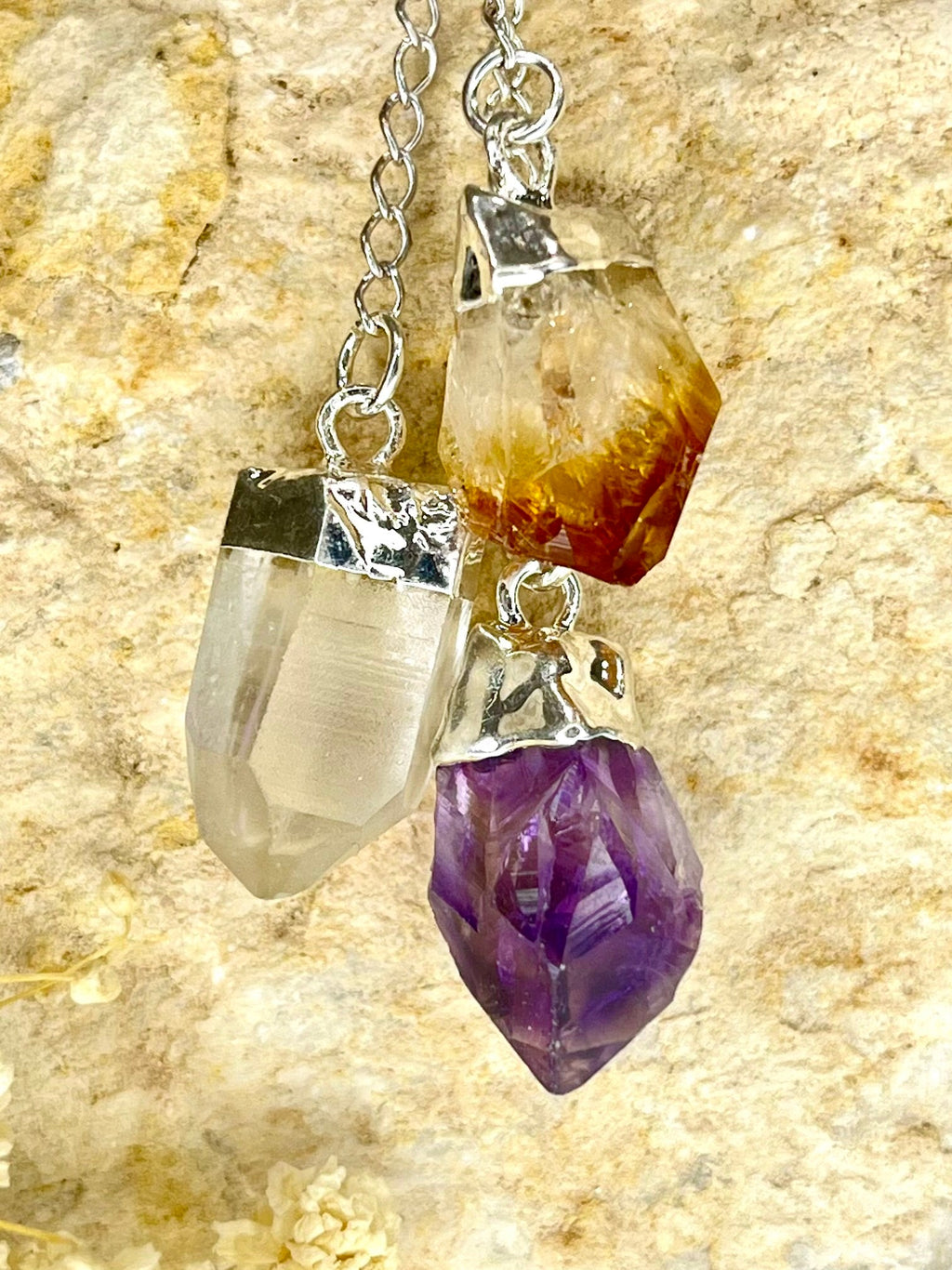Triple Crystal Pendant Necklace with Amethyst Citrine and Quartz on Silver Chain