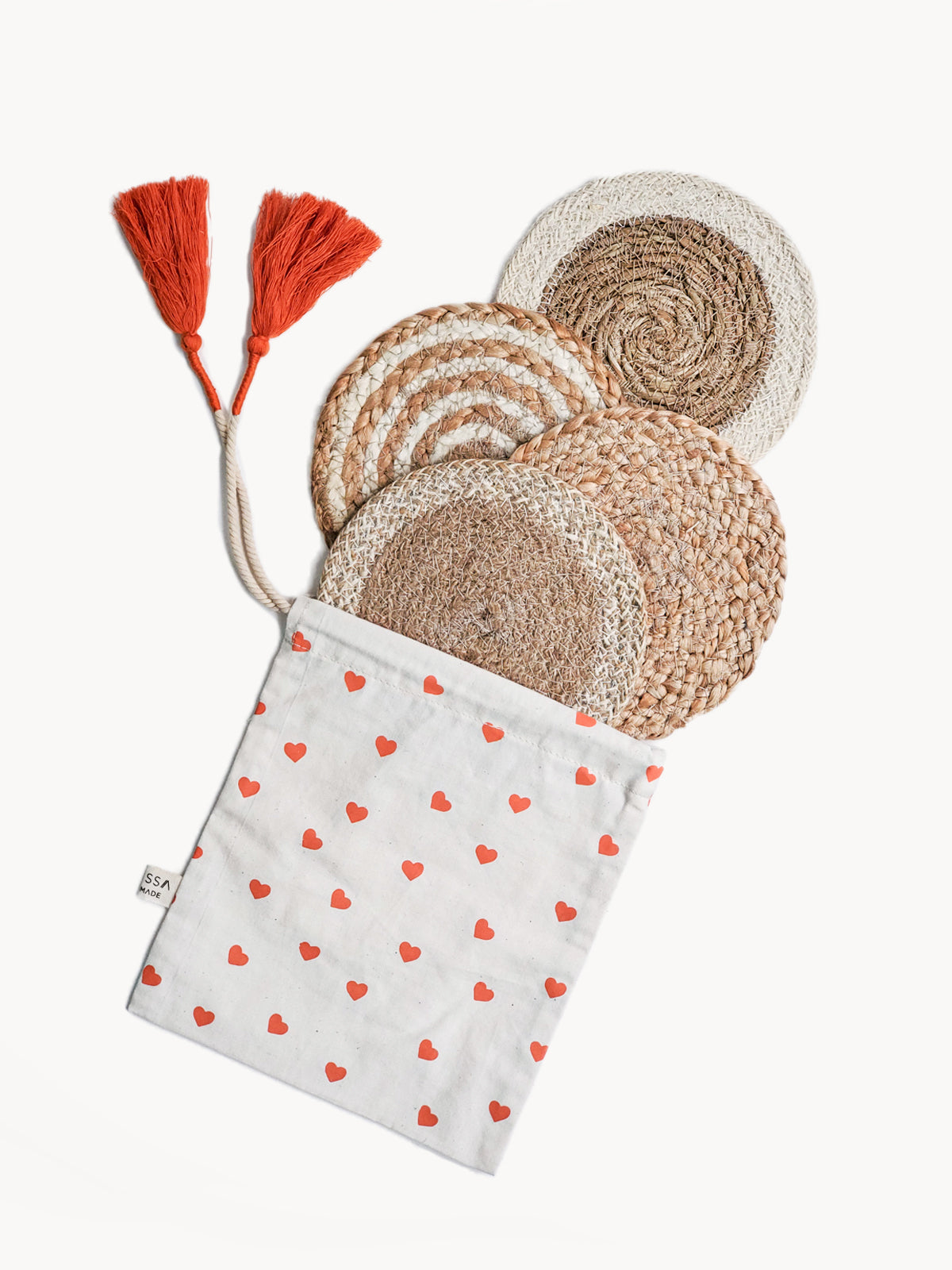 Natural Jute Coaster Trivet Gift Set with Hand Printed Pouch