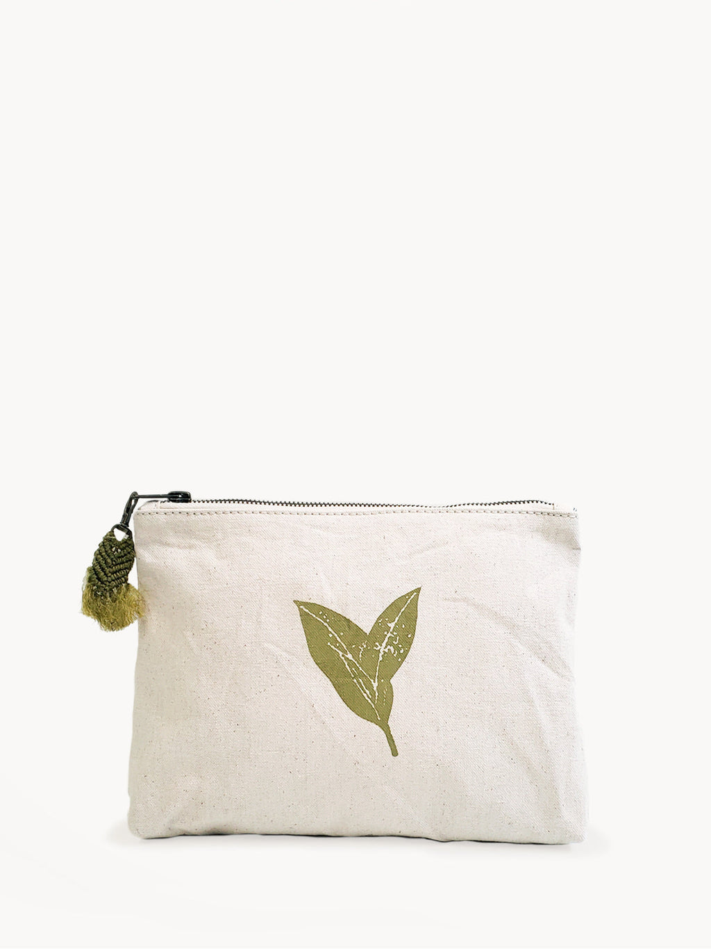 Hand Screen Printed Cotton Canvas Pouch in Natural Cream and Green