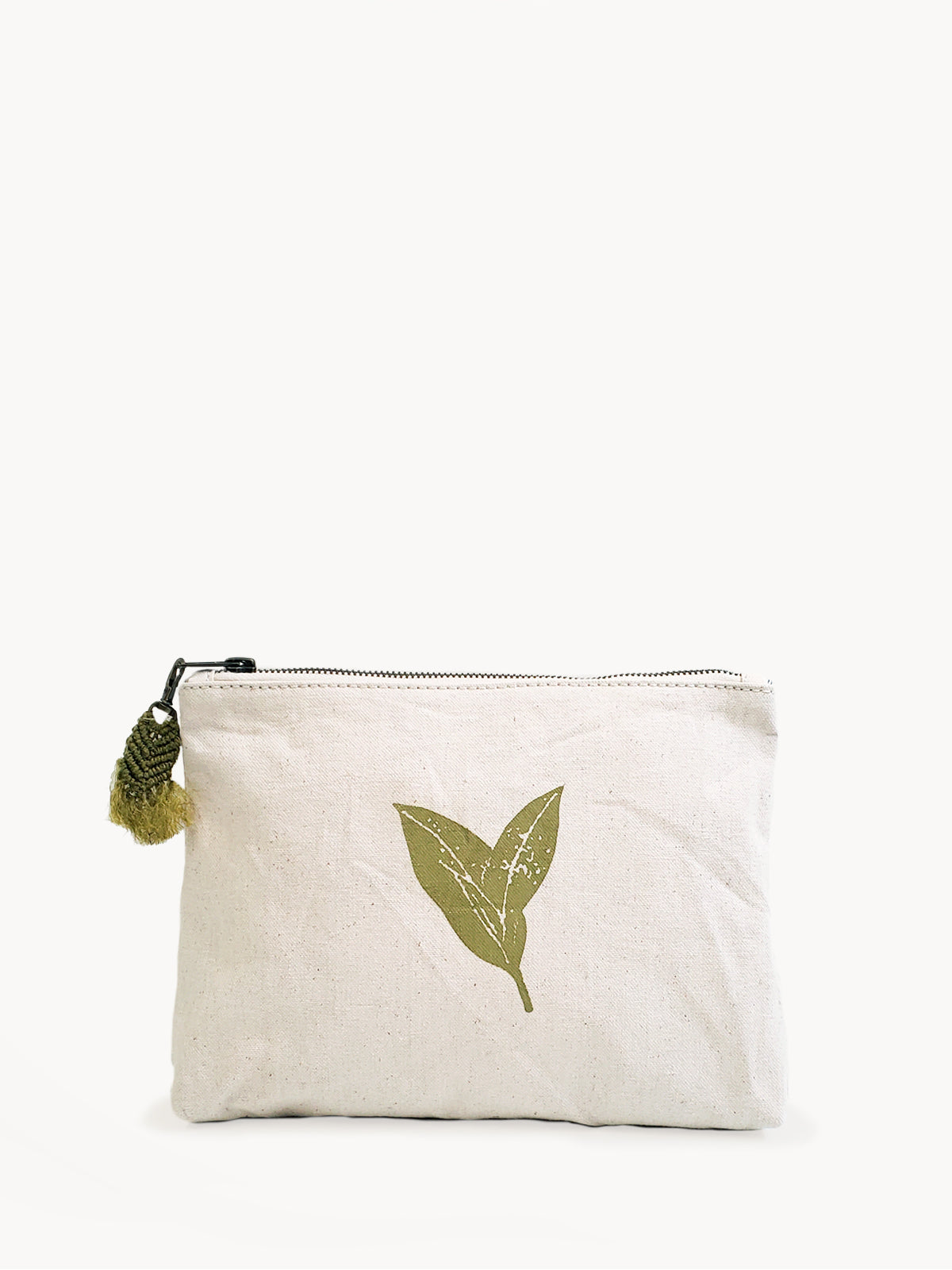 Hand Screen Printed Cotton Canvas Pouch in Natural Cream and Green