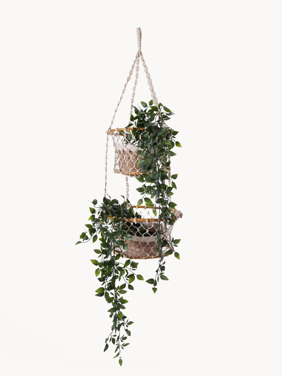 Double Hanging Basket in Natural Jute and Wood