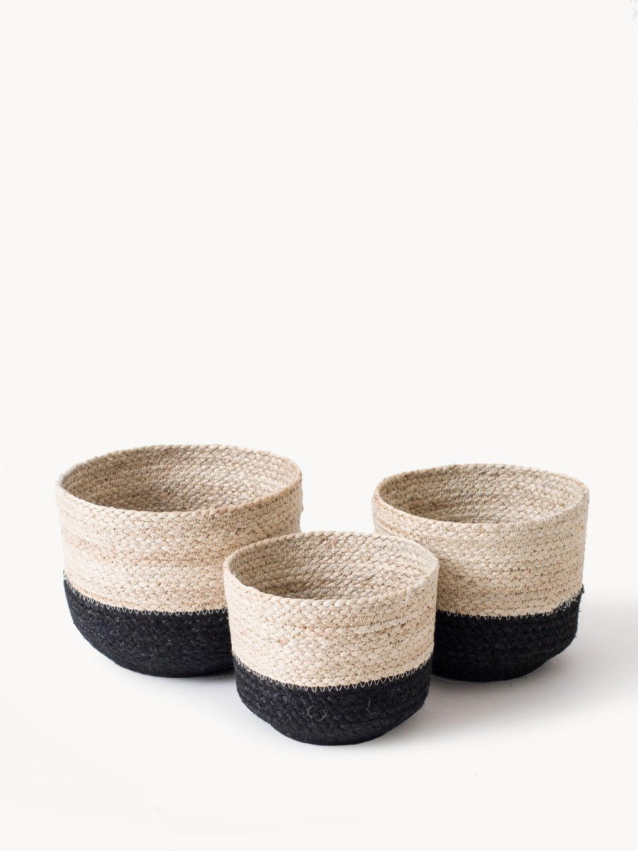 Handwoven Jute Storage Bin in Natural and Black