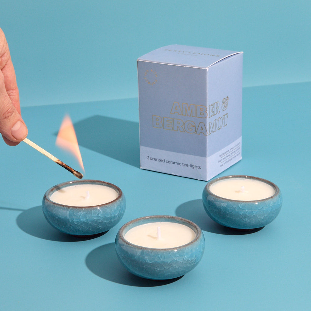 Contemporary Kiln Sky Blue Tea Lights - Amber & Bergamot