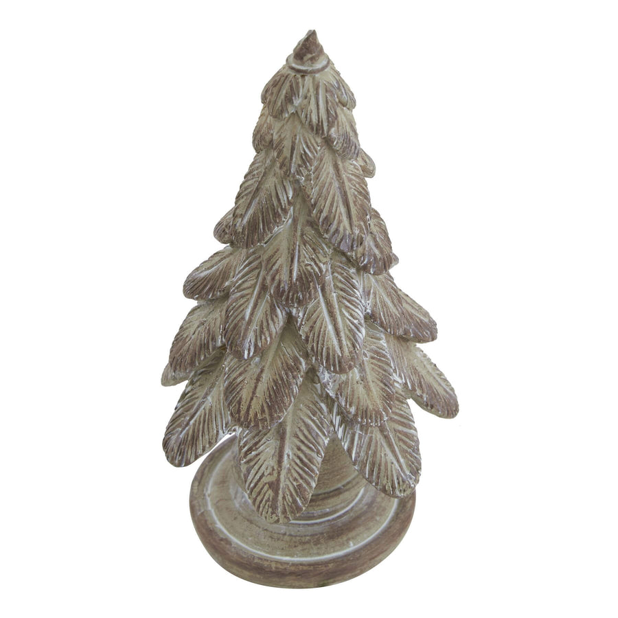 Handcrafted resin evergreen sculpture with lifelike snow-dusted branches, natural brown finish, 11cm winter decor accent by Sostter at brixbailey.com