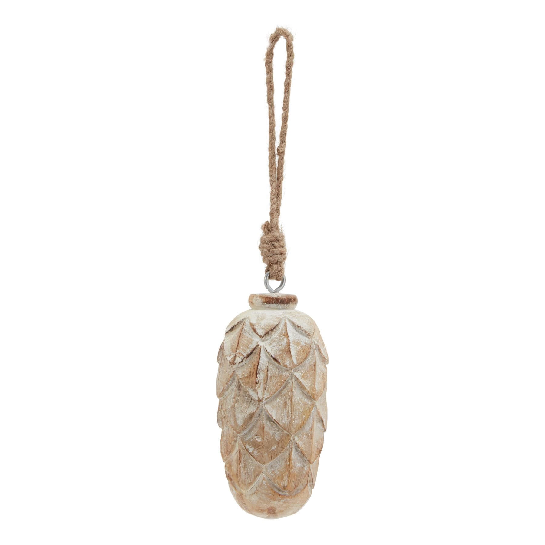 Handcrafted frost-kissed pine cone ornament with antique white finish, realistic wood texture, for holiday decor. by Sostter at brixbailey.com