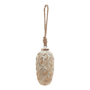 Handcrafted frost-kissed pine cone ornament with antique white finish, realistic wood texture, for holiday decor. by Sostter at brixbailey.com