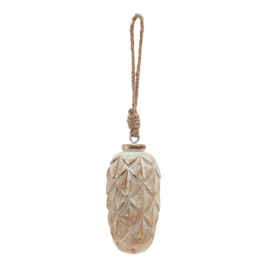 Handcrafted frost-kissed pine cone ornament with antique white finish, realistic wood texture, for holiday decor. by Sostter at brixbailey.com
