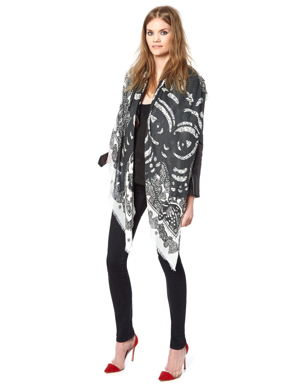 VASSILISA Scarf in Black and White Colour: Cat and Butterfly Print