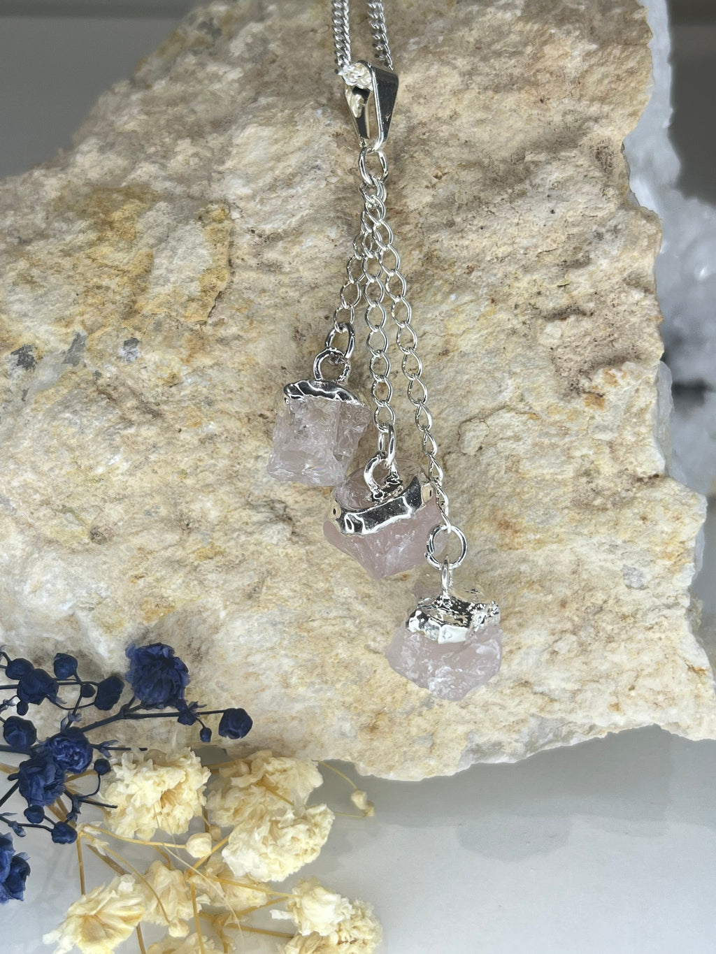 Triple Rose Quartz Pendant Necklace with Silver Plated Chain