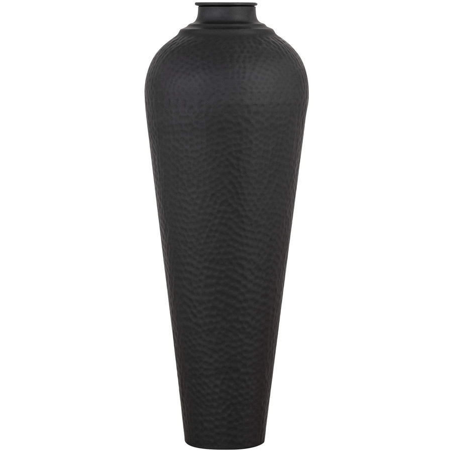 Matt black medium hammered steel vase with artisanal texture, modern floor decor for dried flowers or sculptural display by Sostter at brixbailey.com