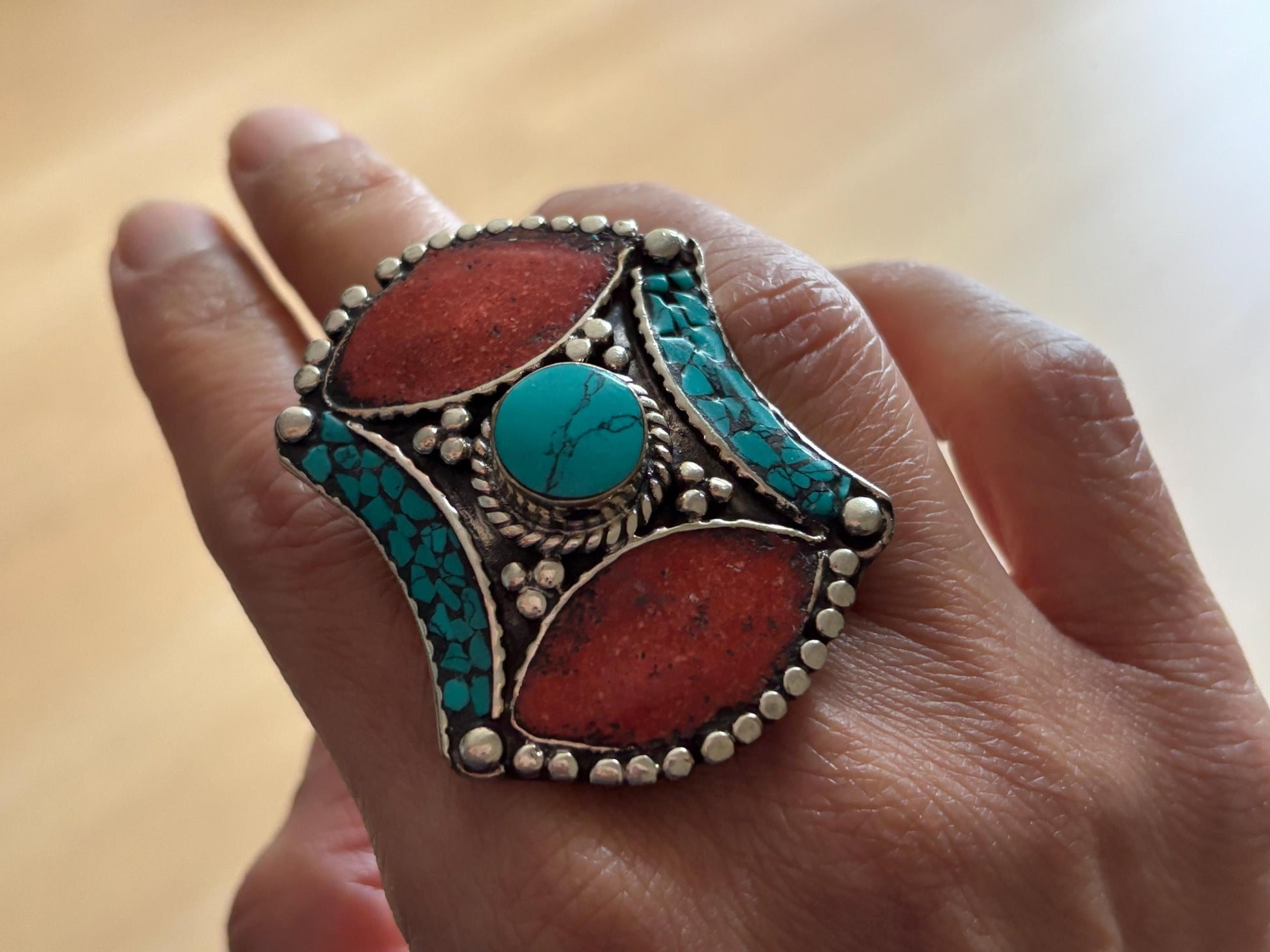 Tibetan Mosaic Heritage Rings – Boho Gemstone-Inspired Statement Rings.