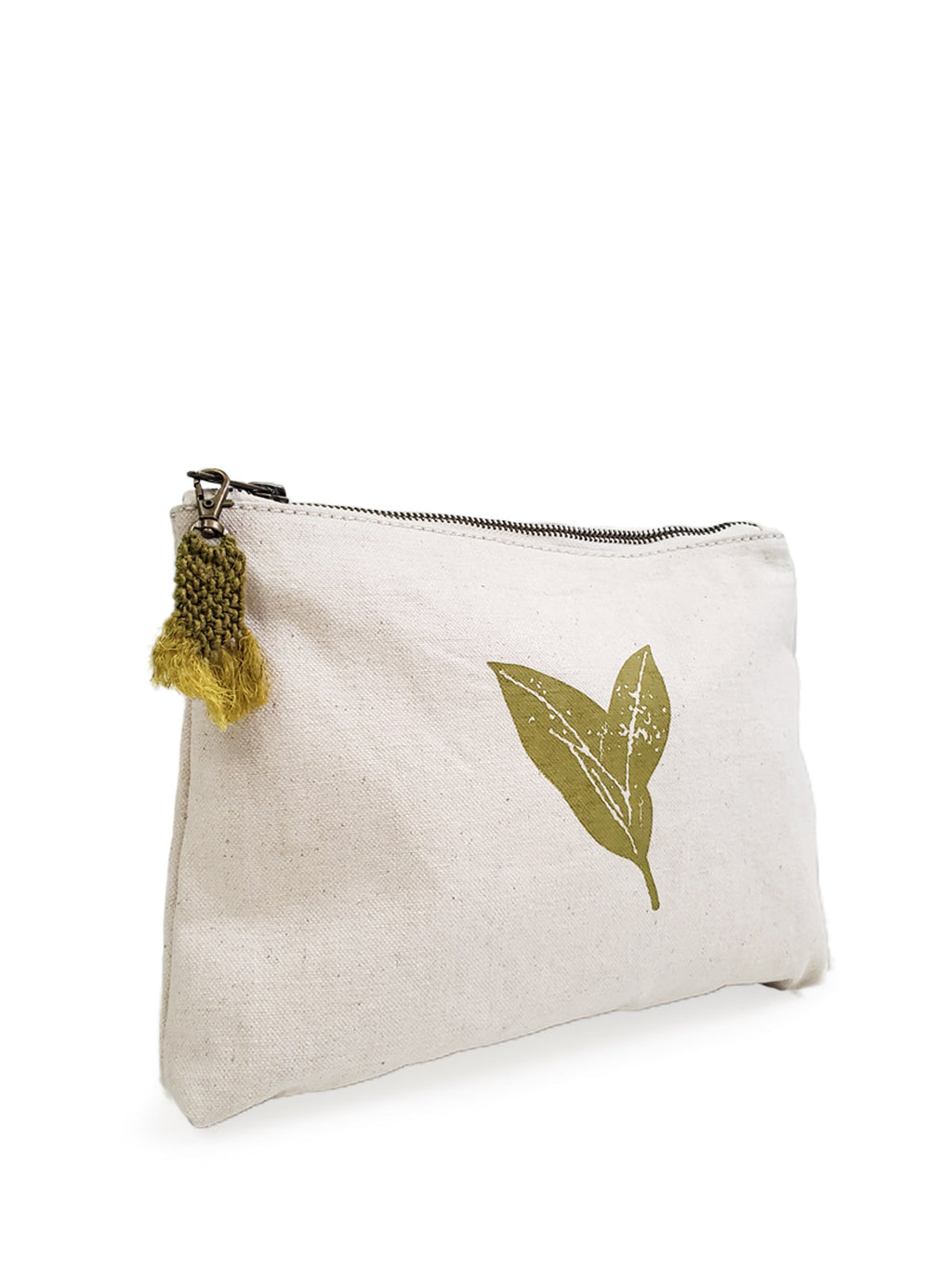 Hand Screen Printed Cotton Canvas Pouch in Natural Cream and Green