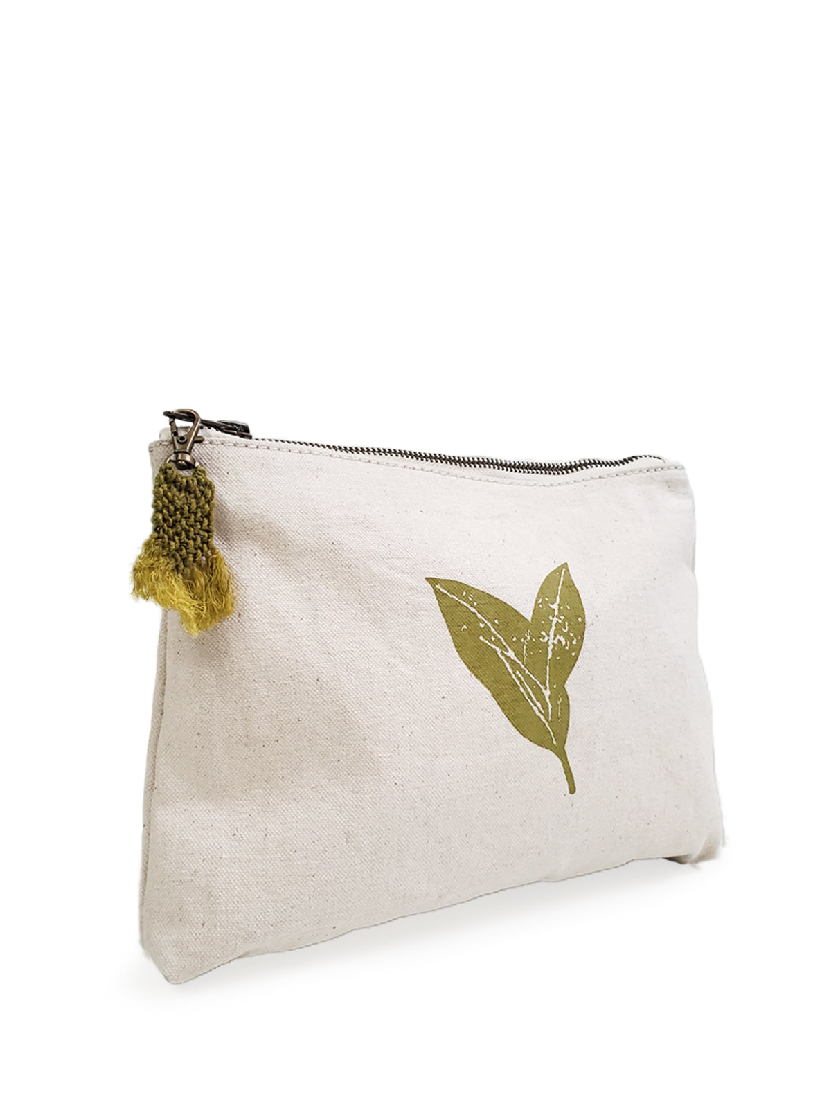 Hand Screen Printed Cotton Canvas Pouch in Natural Cream and Green