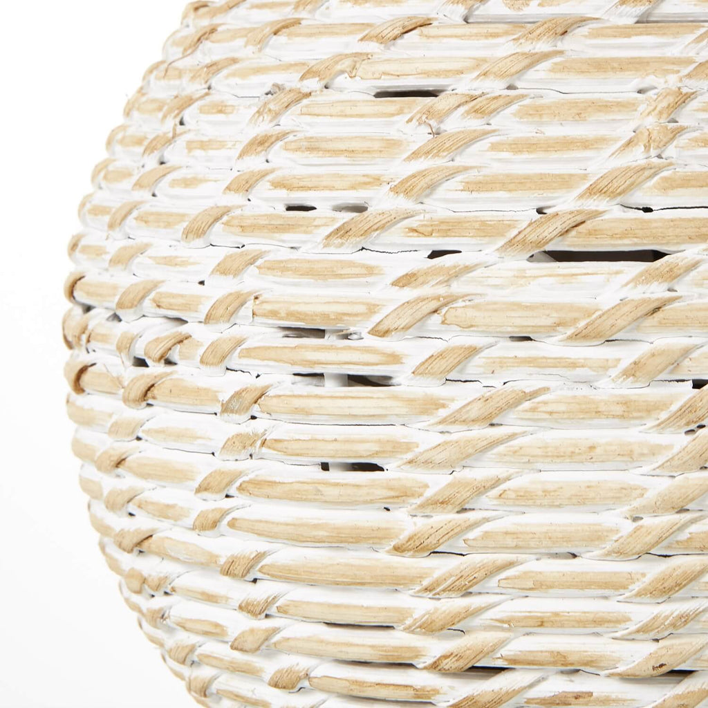 White Wash small bulbous wicker table lamp with linen shade, earthy brown tones, rustic handcrafted design by Sostter at brixbailey.com