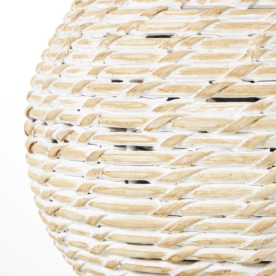White Wash small bulbous wicker table lamp with linen shade, earthy brown tones, rustic handcrafted design by Sostter at brixbailey.com