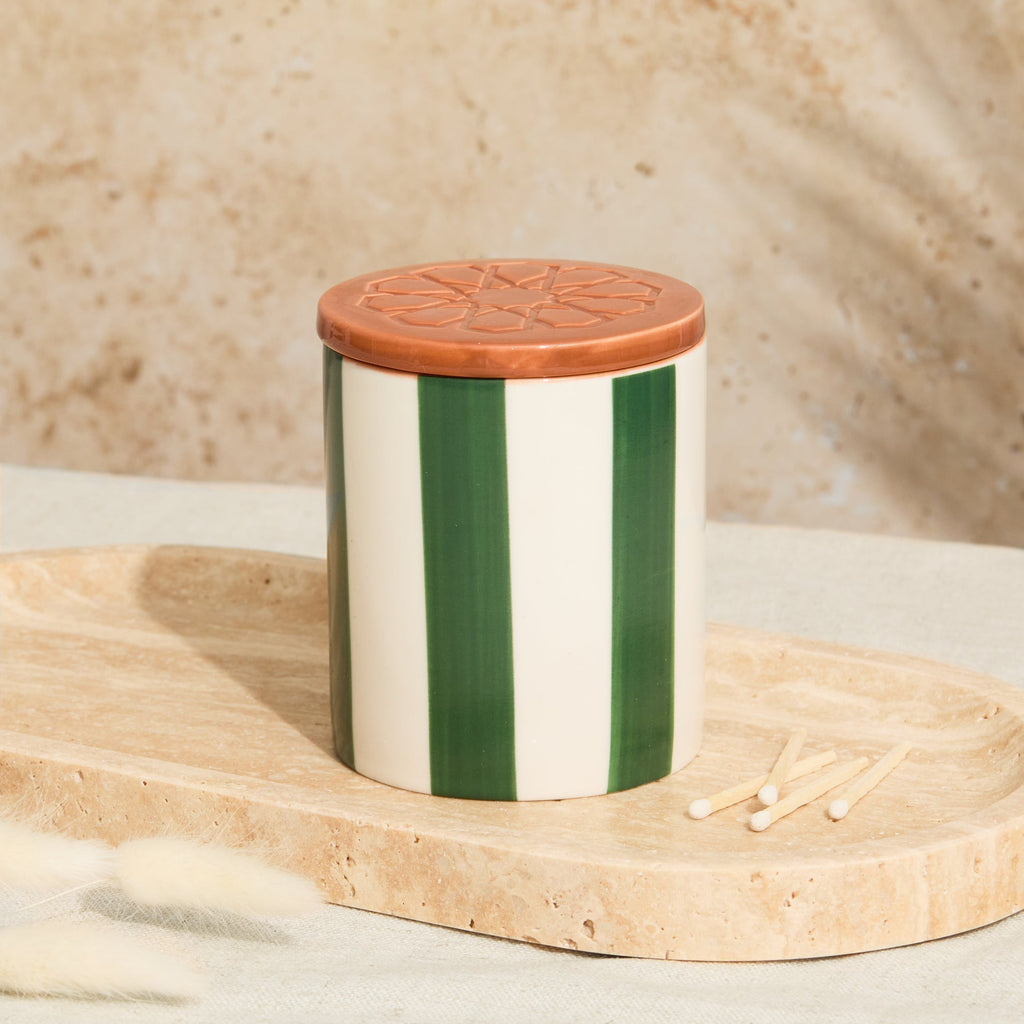 Marrakesh: Olive Striped Candle - Oud & Leather