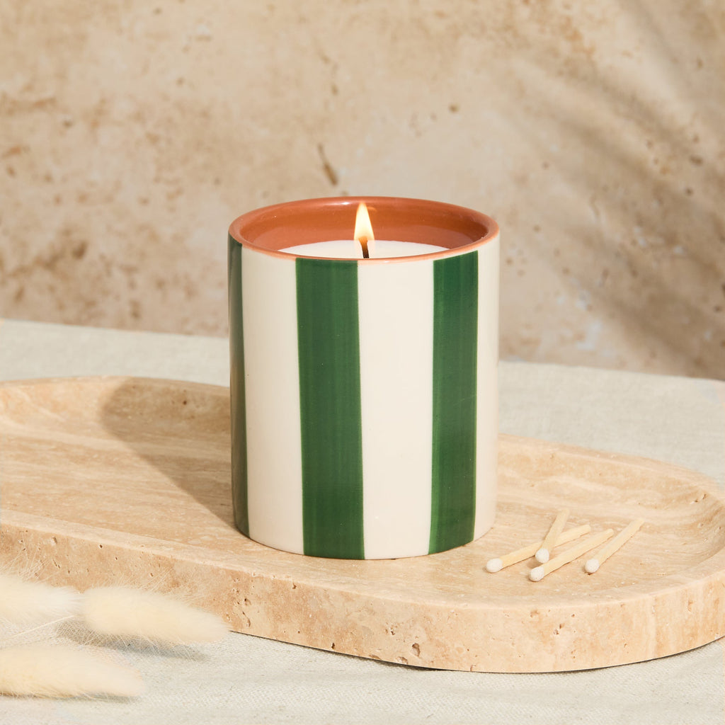 Marrakesh: Olive Striped Candle - Oud & Leather