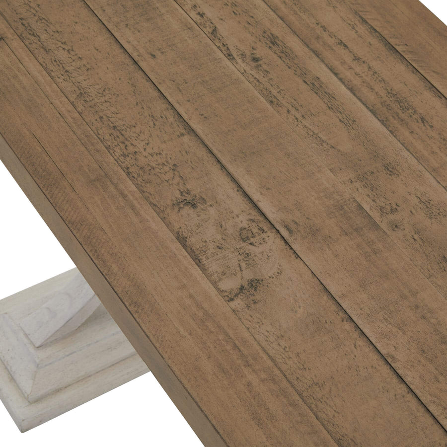 Rustic modern farmhouse dining bench with pine top and white legs, handcrafted solid wood design for cozy dining spaces by Sostter at brixbailey.com