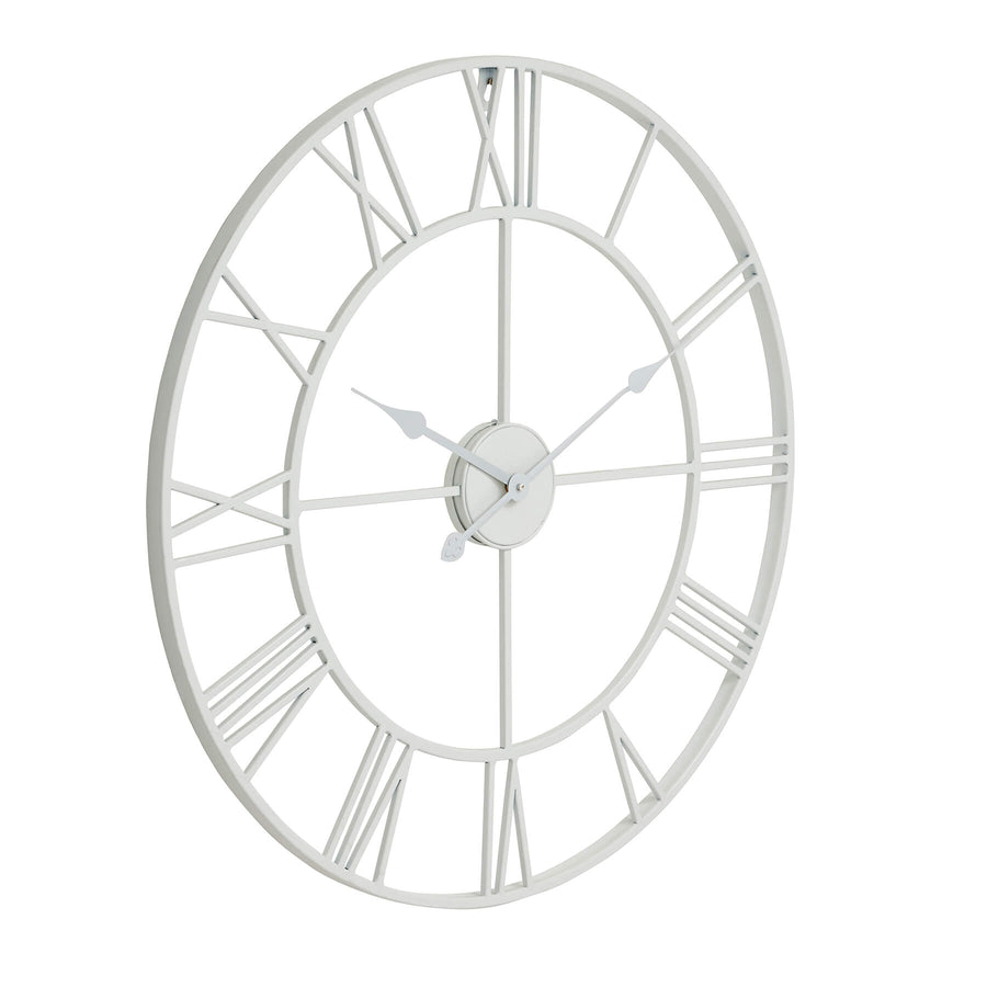 Large white skeleton wall clock with exposed mechanics, 70cm diameter, modern metal design for home decor by Sostter at brixbailey.com