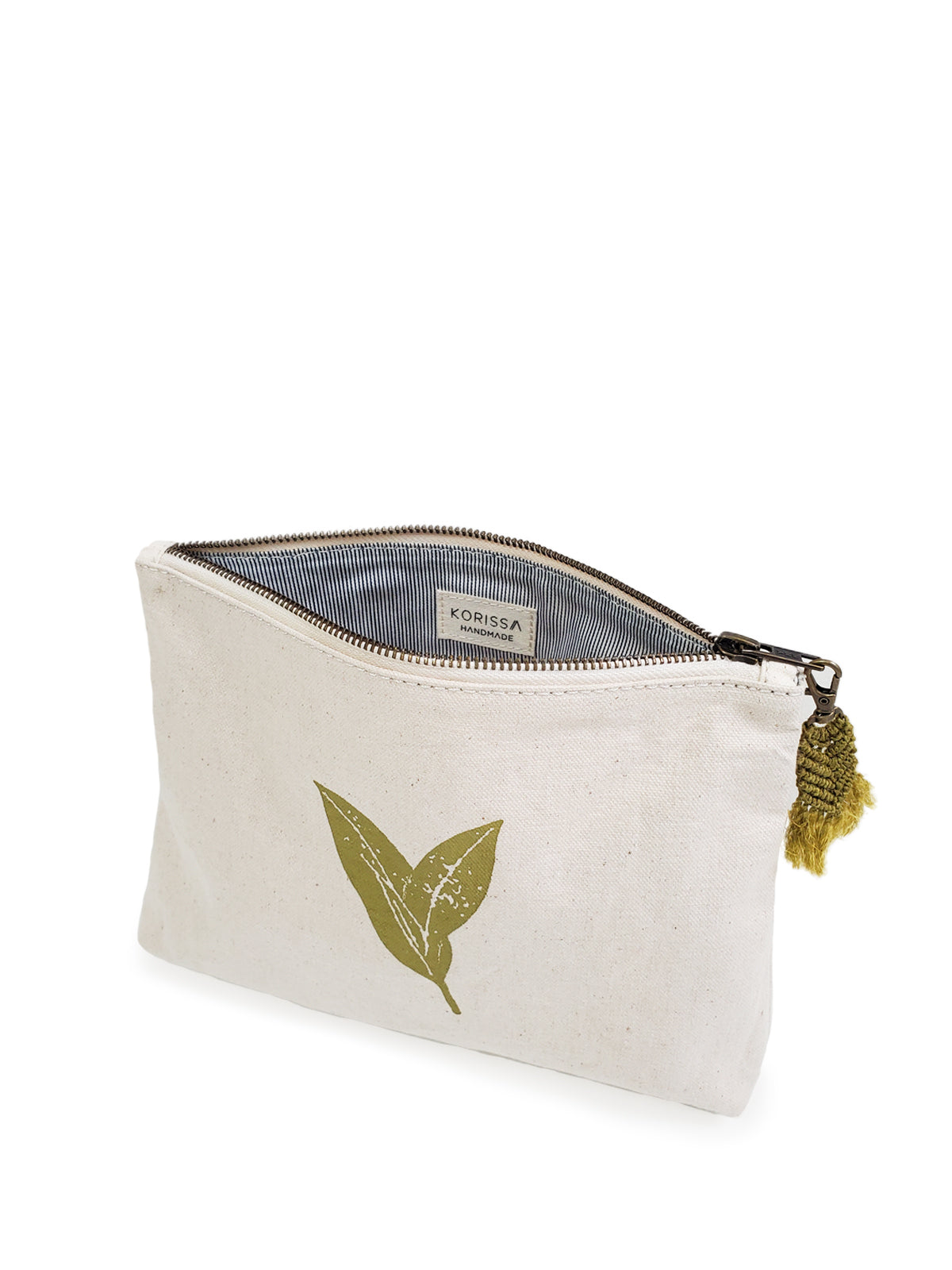 Hand Screen Printed Cotton Canvas Pouch in Natural Cream and Green